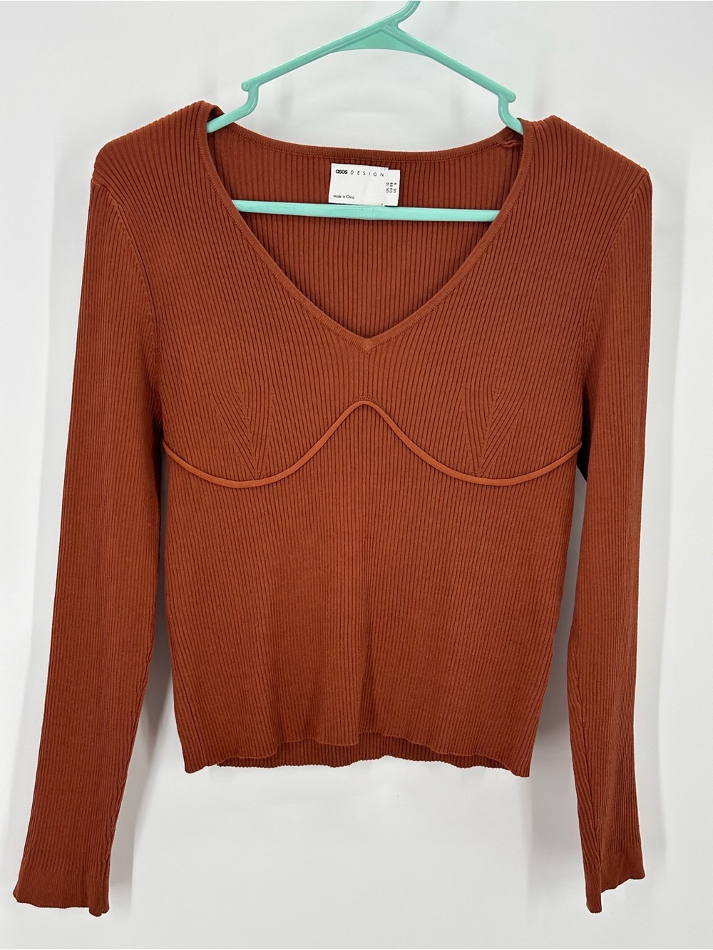 ASOS Design Rust Colored Ribbed Knit Long Sleeve Top - Picture 2 of 4